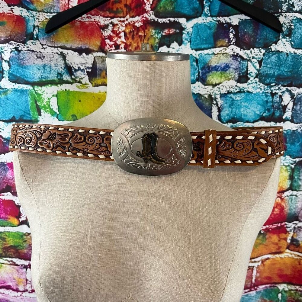 Vintage Chambers Belt Co Hand Laced Leather Belt Silver Tone Boot Buckle Size 38